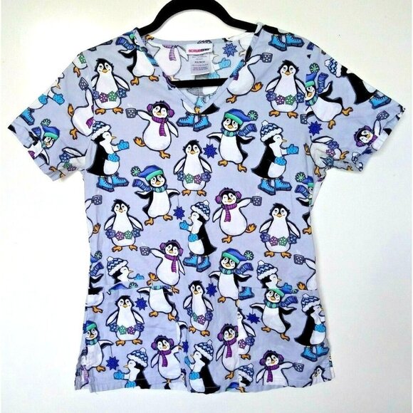 ScrubStar Nurses Shirt Penguins scrub top XS Penguin Lovers Cotton short sleeve - Picture 1 of 6